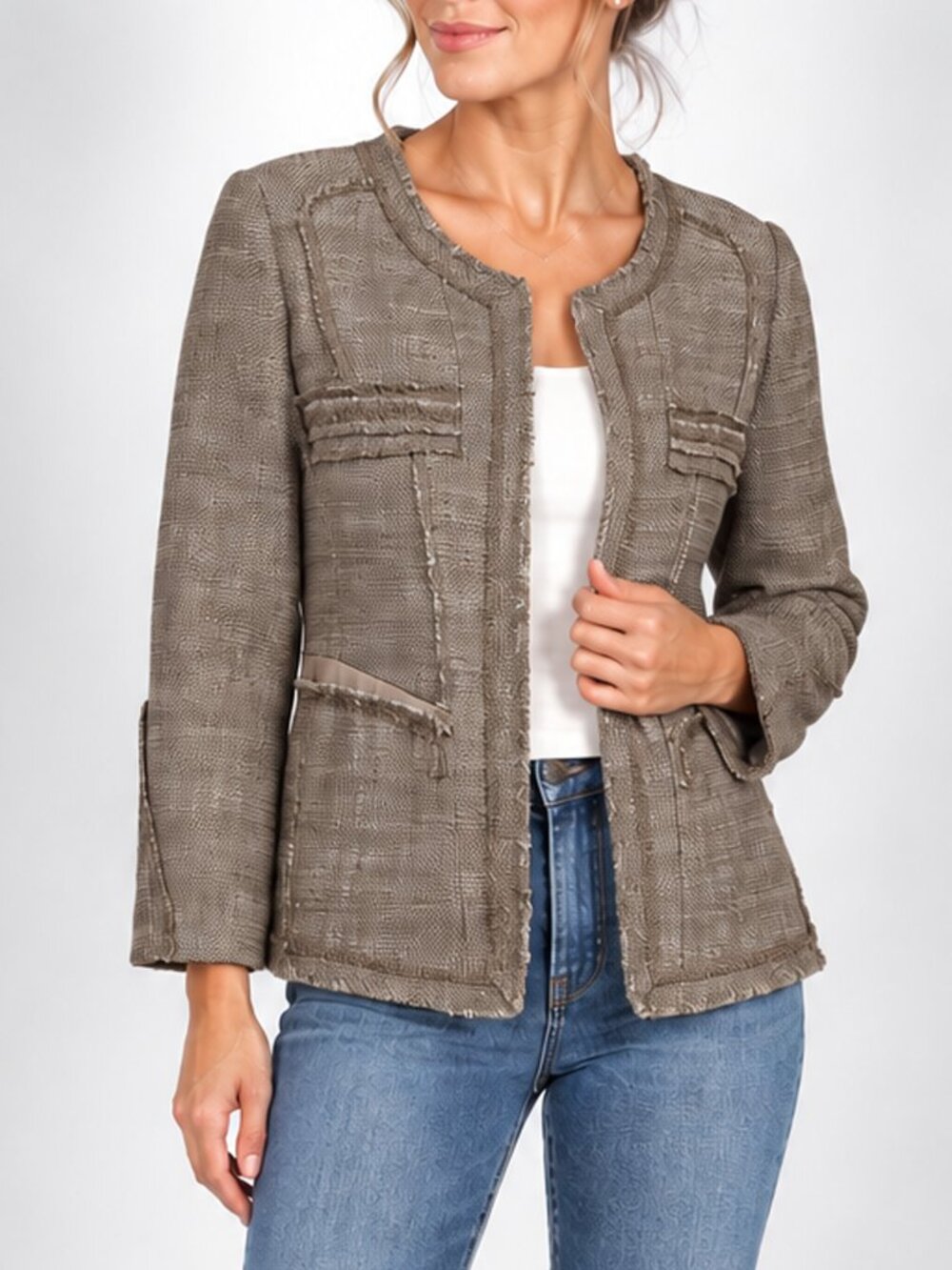 LONE Jung Wook Jun 77 Beige Tweed Fringe Trim Designer Jacket Blazer